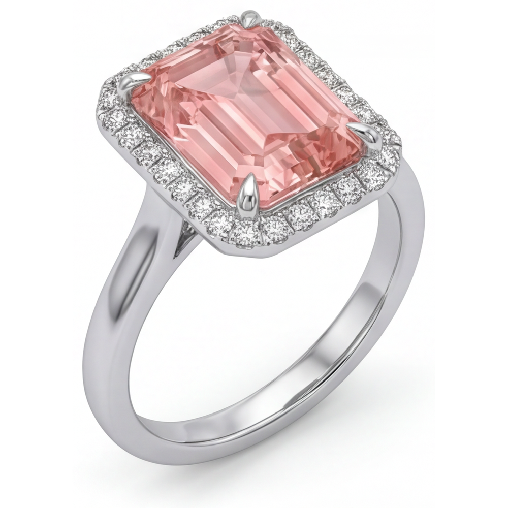 Emerald Padparadscha and White Diamond Halo Ring Natural 14K White Gold