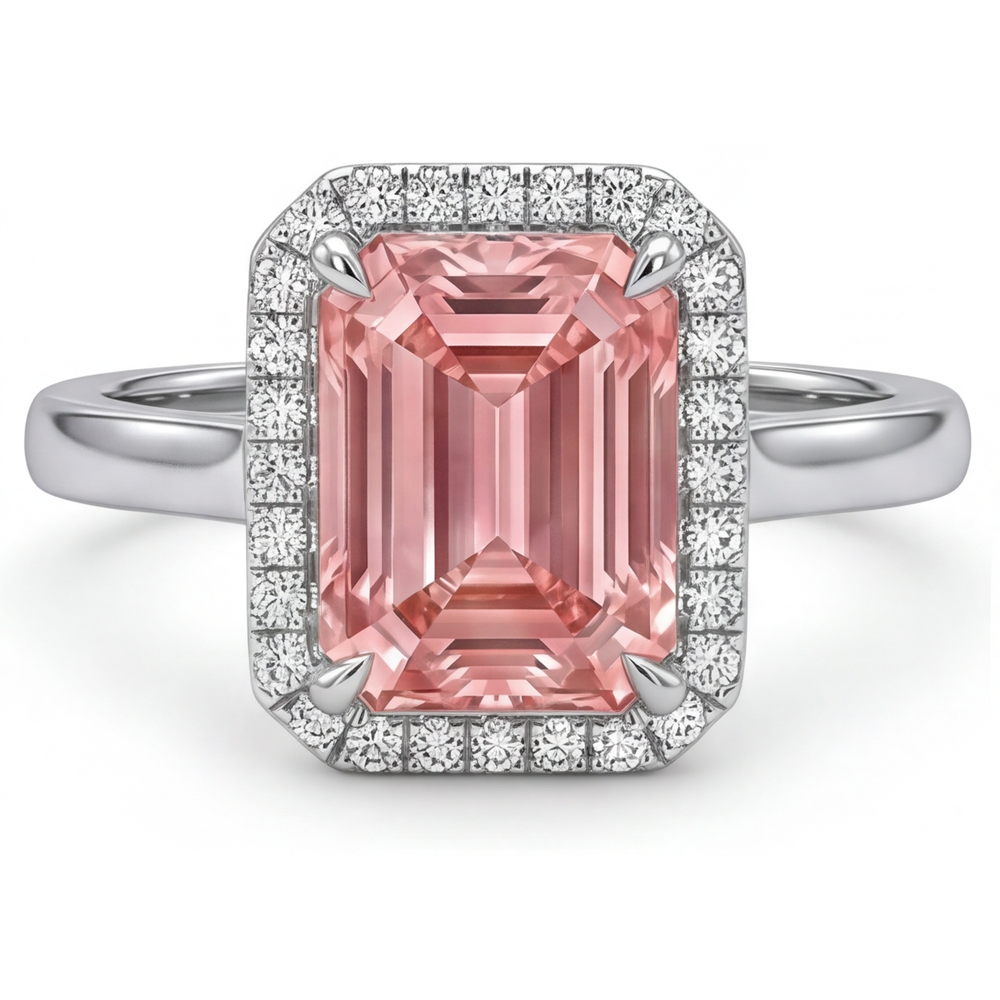 Emerald Padparadscha and White Diamond Halo Ring Natural 14K White Gold