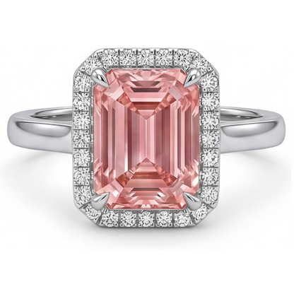 Emerald Padparadscha and White Diamond Halo Ring Natural 14K White Gold
