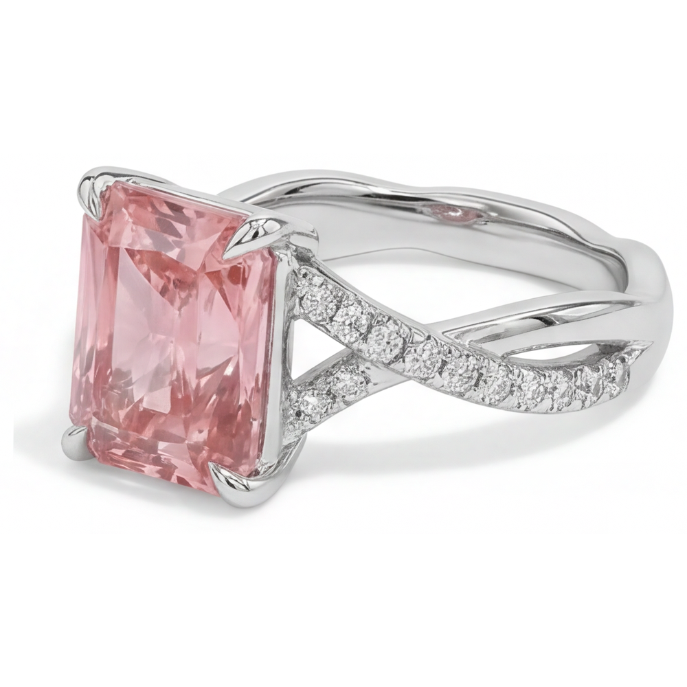 Emerald Padparadscha and White Diamond Pave Ring Natural 14K White Gold