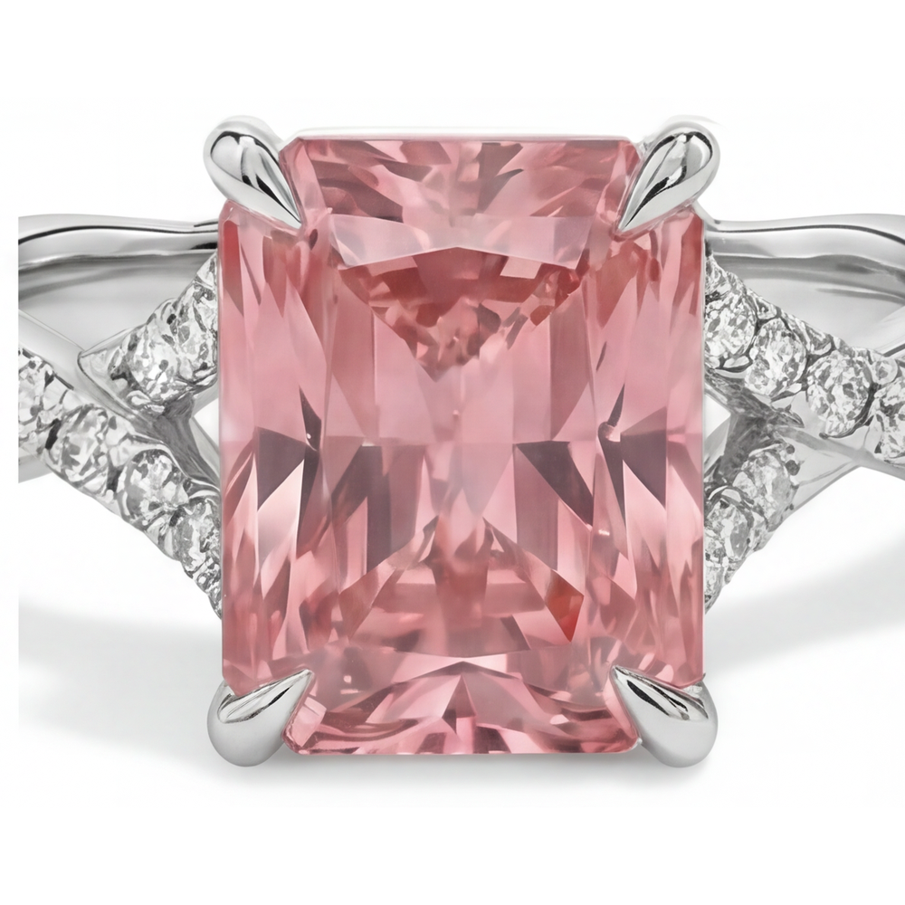 Emerald Padparadscha and White Diamond Pave Ring Natural 14K White Gold