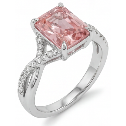 Emerald Padparadscha and White Diamond Pave Ring Natural 14K White Gold