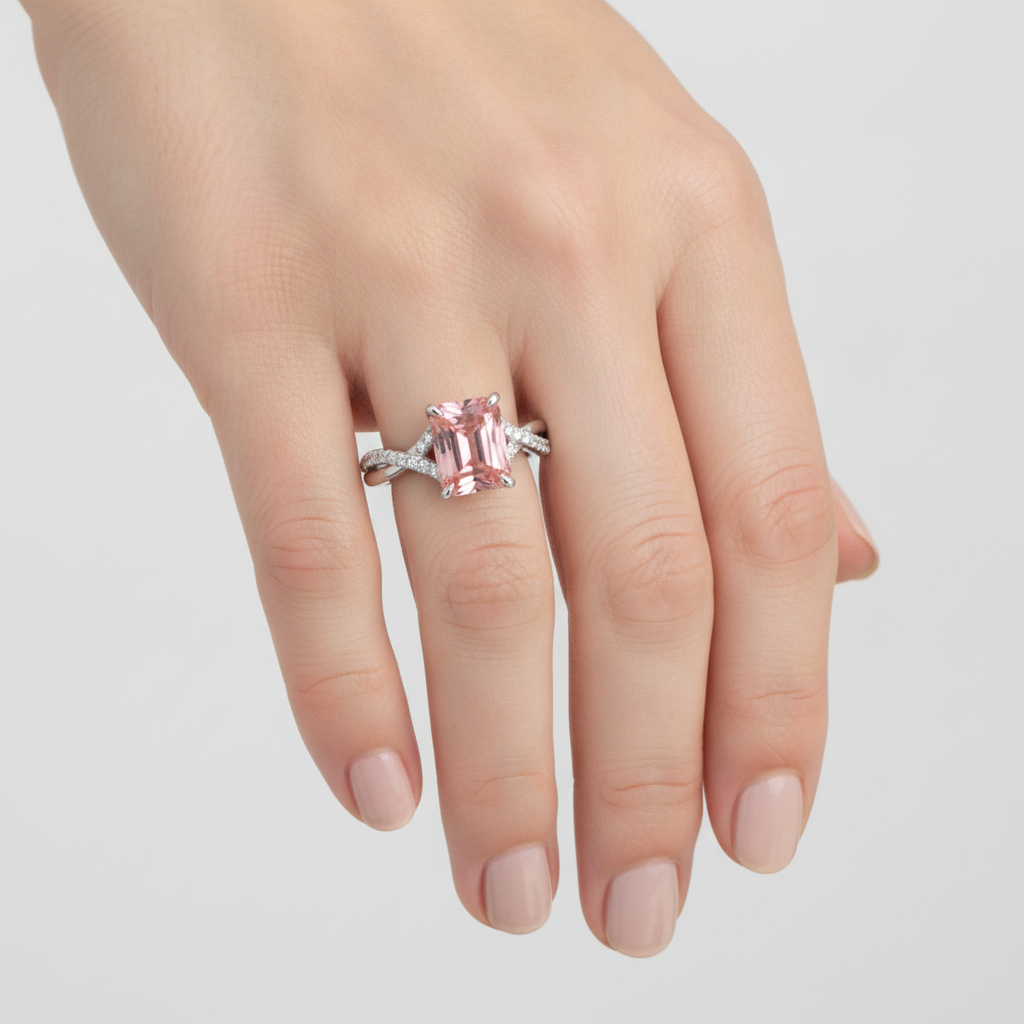 Emerald Padparadscha and White Diamond Pave Ring Natural 14K White Gold