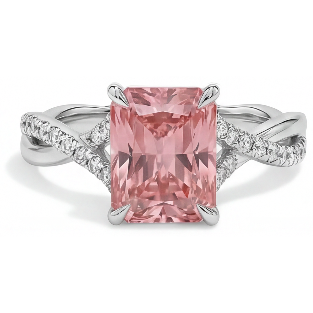 Emerald Padparadscha and White Diamond Pave Ring Natural 14K White Gold