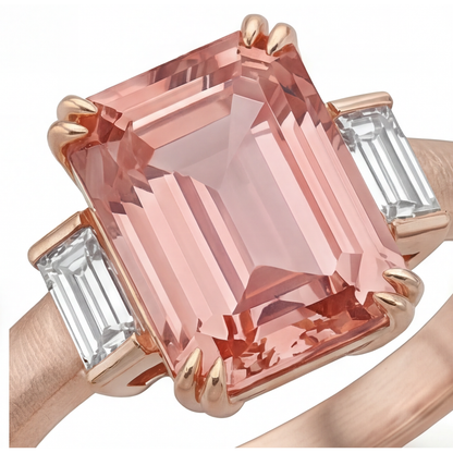 Emerald Padparadscha and White Diamond Three Stone Ring Natural 14K Rose Gold