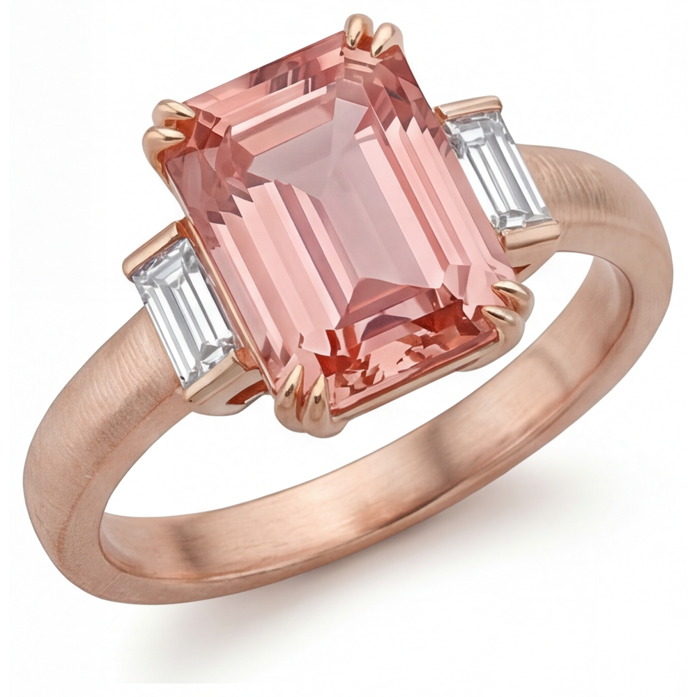 Emerald Padparadscha and White Diamond Three Stone Ring Natural 14K Rose Gold