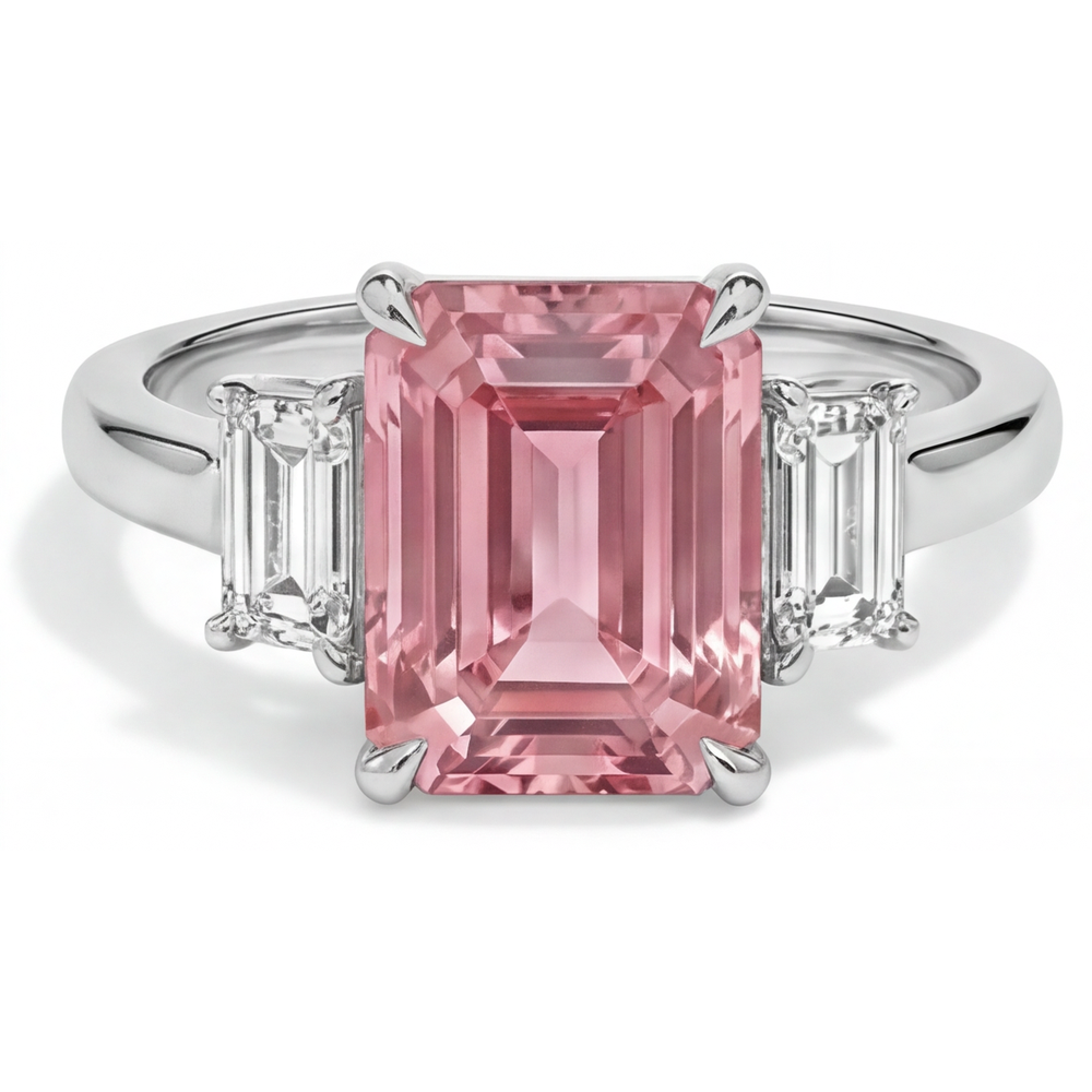 Emerald Padparadscha and White Diamond Three Stone Ring Natural 14K White Gold