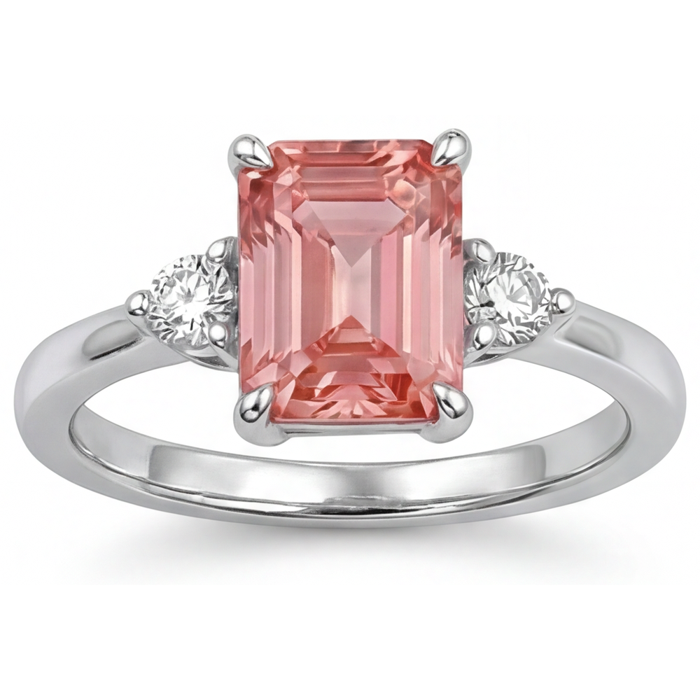 Emerald Padparadscha and White Diamond Three Stone Ring Natural 14K White Gold