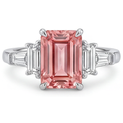 Emerald Padparadscha and White Diamond Three Stone Ring Natural 14K White Gold