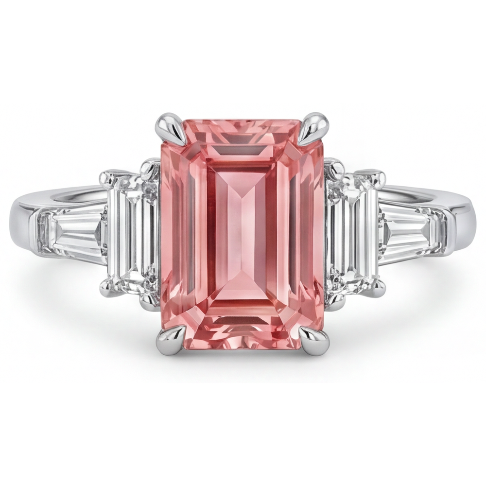 Emerald Padparadscha and White Diamond Three Stone Ring Natural 14K White Gold