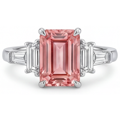 Emerald Padparadscha and White Diamond Three Stone Ring Natural 14K White Gold