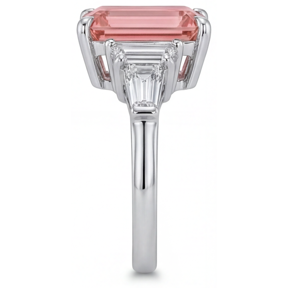 Emerald Padparadscha and White Diamond Three Stone Ring Natural 14K White Gold