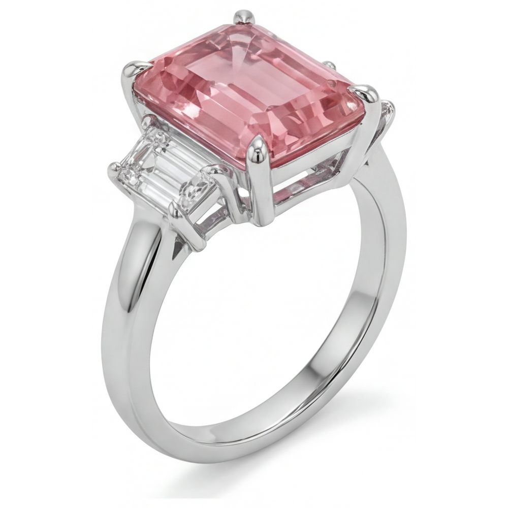 Emerald Padparadscha and White Diamond Three Stone Ring Natural 14K White Gold