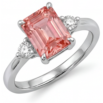 Emerald Padparadscha and White Diamond Three Stone Ring Natural 14K White Gold