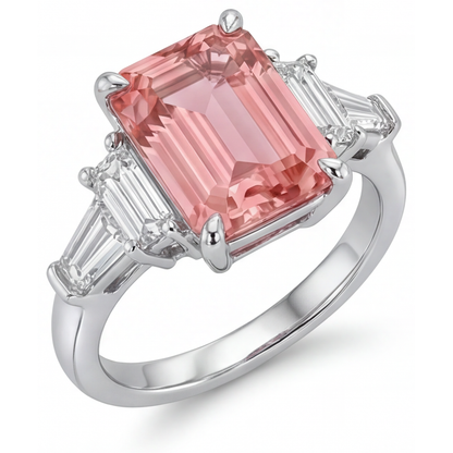 Emerald Padparadscha and White Diamond Three Stone Ring Natural 14K White Gold