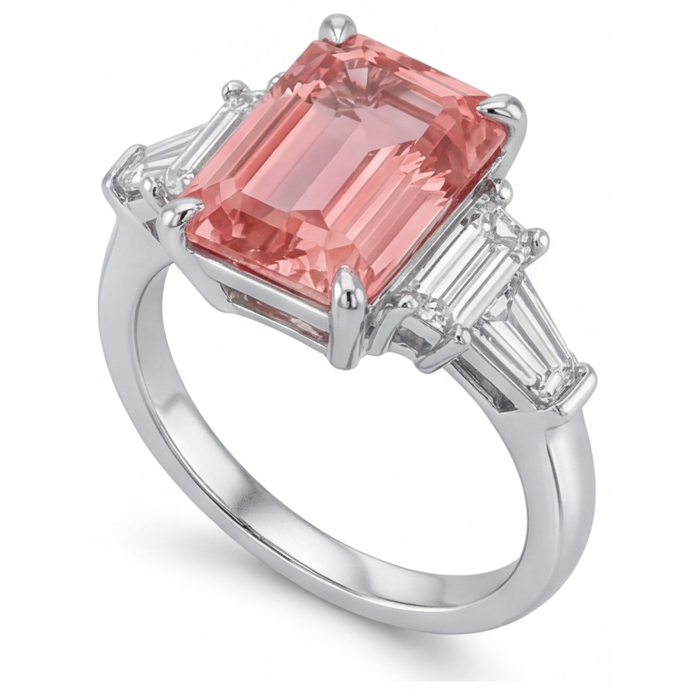 Emerald Padparadscha and White Diamond Three Stone Ring Natural 14K White Gold
