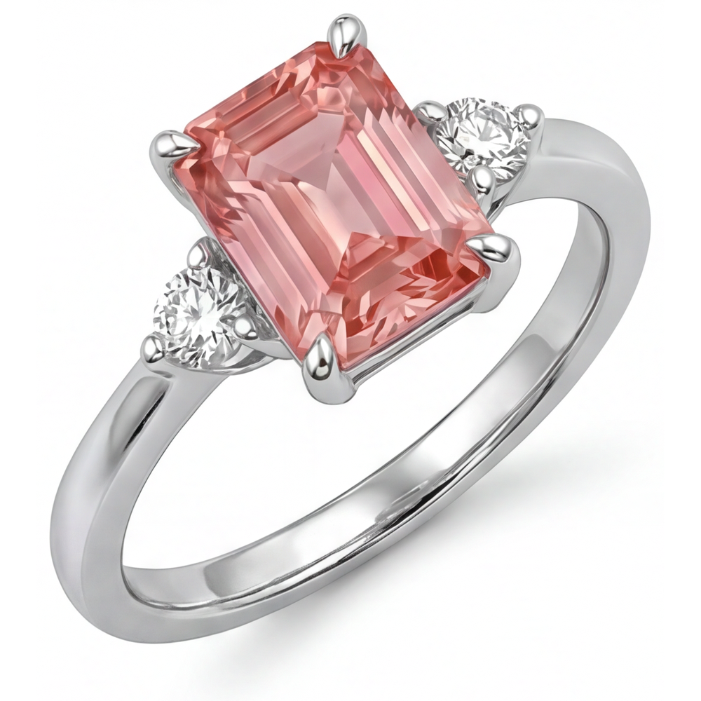 Emerald Padparadscha and White Diamond Three Stone Ring Natural 14K White Gold
