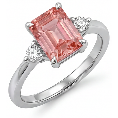 Emerald Padparadscha and White Diamond Three Stone Ring Natural 14K White Gold