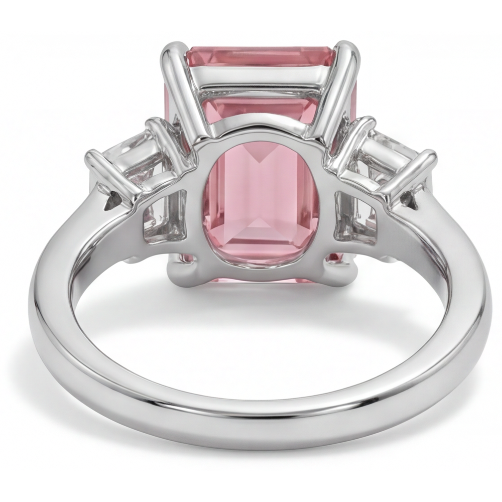 Emerald Padparadscha and White Diamond Three Stone Ring Natural 14K White Gold
