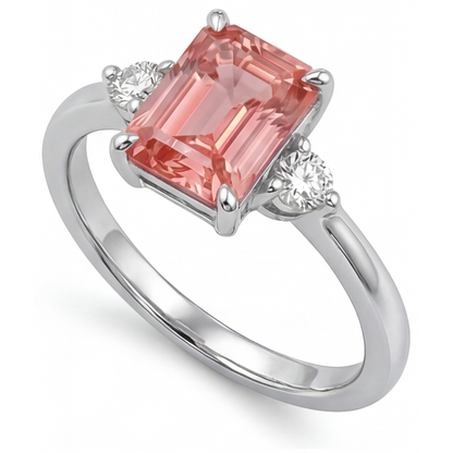 Emerald Padparadscha and White Diamond Three Stone Ring Natural 14K White Gold