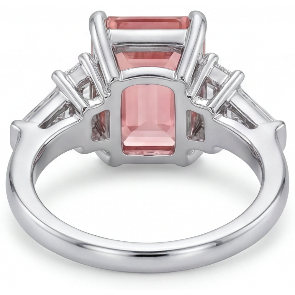 Emerald Padparadscha and White Diamond Three Stone Ring Natural 14K White Gold