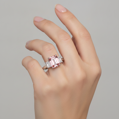 Emerald Padparadscha and White Diamond Three Stone Ring Natural 14K White Gold