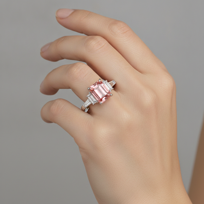 Emerald Padparadscha and White Diamond Three Stone Ring Natural 14K White Gold
