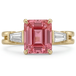 Emerald Padparadscha and White Diamond Three Stone Ring Natural 14K Yellow Gold
