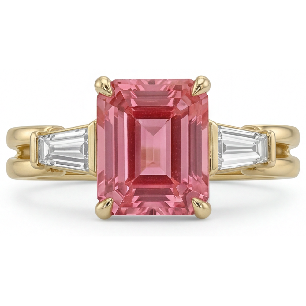 Emerald Padparadscha and White Diamond Three Stone Ring Natural 14K Yellow Gold