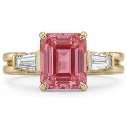 Emerald Padparadscha and White Diamond Three Stone Ring Natural 14K Yellow Gold