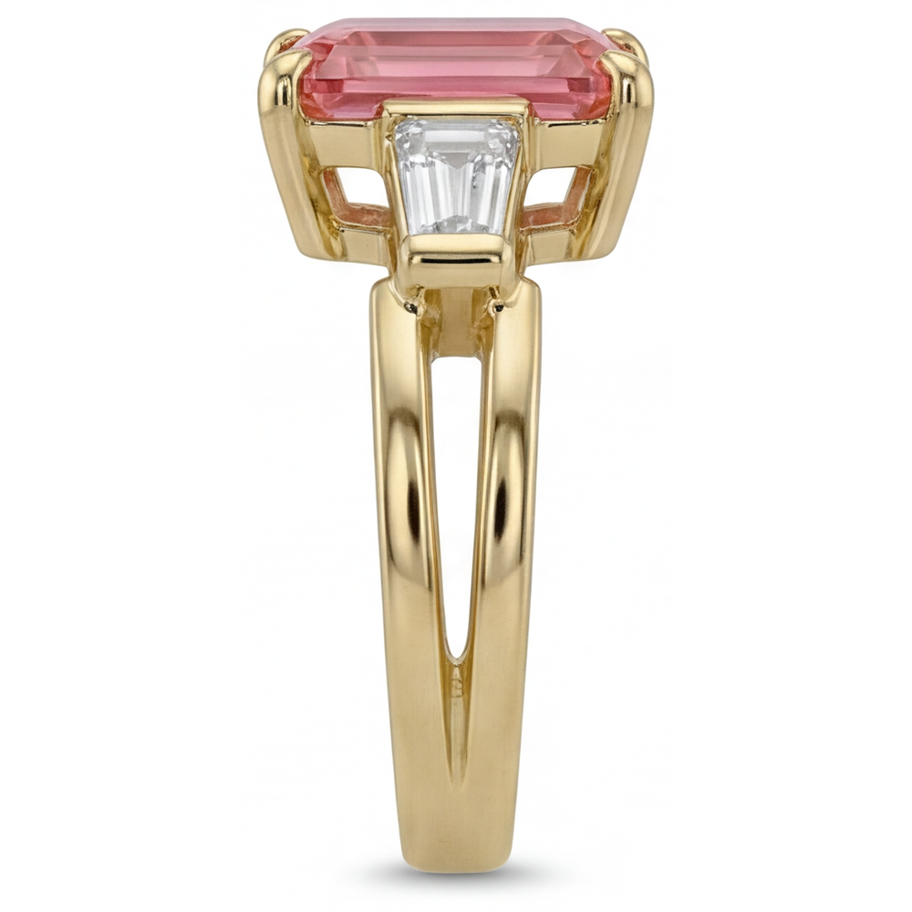 Emerald Padparadscha and White Diamond Three Stone Ring Natural 14K Yellow Gold