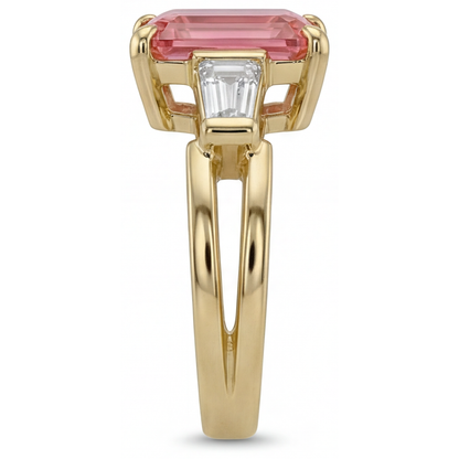Emerald Padparadscha and White Diamond Three Stone Ring Natural 14K Yellow Gold