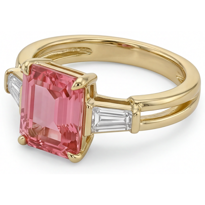 Emerald Padparadscha and White Diamond Three Stone Ring Natural 14K Yellow Gold