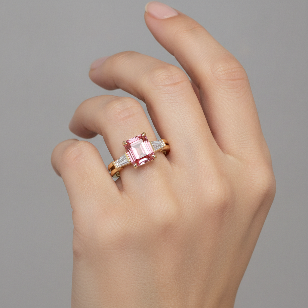 Emerald Padparadscha and White Diamond Three Stone Ring Natural 14K Yellow Gold