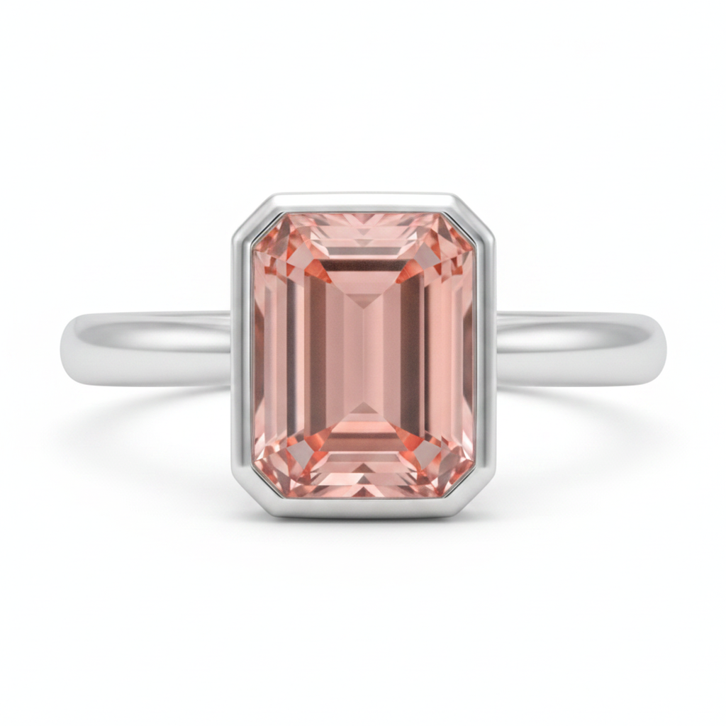 Emerald Padparadscha Bezel Solitaire Ring Natural 14K White Gold