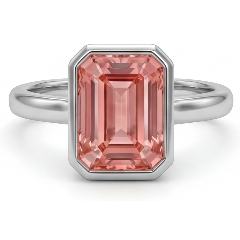 Emerald Padparadscha Bezel Solitaire Ring Natural 14K White Gold