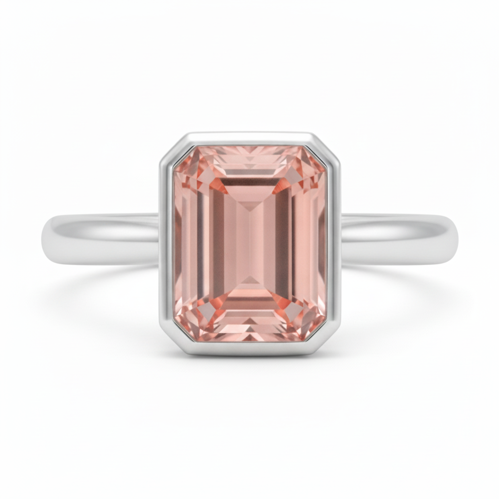 Emerald Padparadscha Bezel Solitaire Ring Natural 14K White Gold