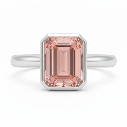 Emerald Padparadscha Bezel Solitaire Ring Natural 14K White Gold
