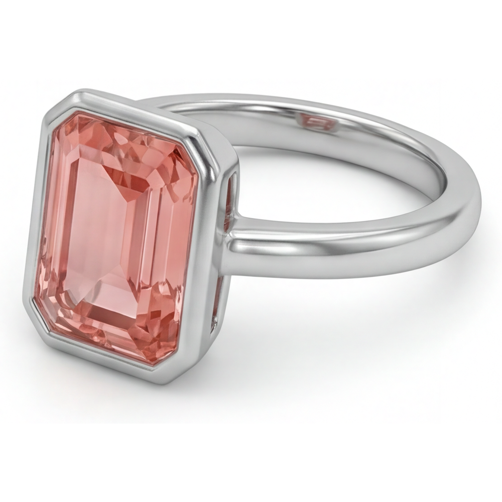 Emerald Padparadscha Bezel Solitaire Ring Natural 14K White Gold