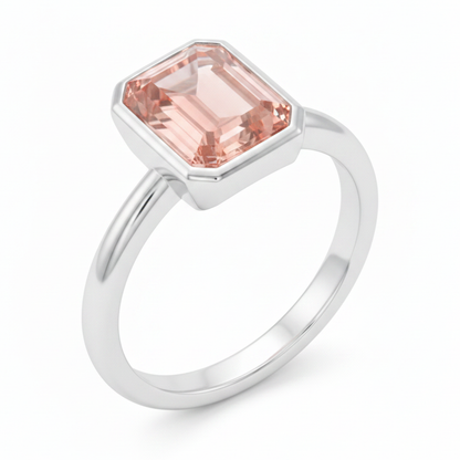 Emerald Padparadscha Bezel Solitaire Ring Natural 14K White Gold