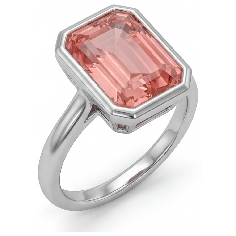 Emerald Padparadscha Bezel Solitaire Ring Natural 14K White Gold