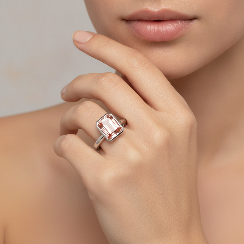 Emerald Padparadscha Bezel Solitaire Ring Natural 14K White Gold