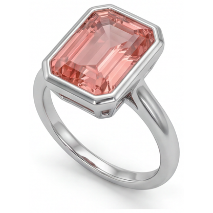 Emerald Padparadscha Bezel Solitaire Ring Natural 14K White Gold