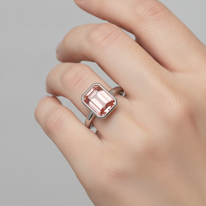 Emerald Padparadscha Bezel Solitaire Ring Natural 14K White Gold