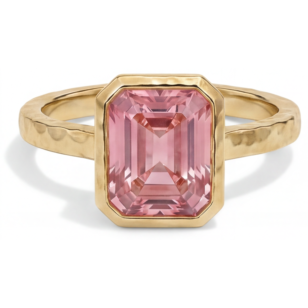 Emerald Padparadscha Bezel Solitaire Ring Natural 14K Yellow Gold