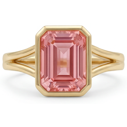 Emerald Padparadscha Bezel Solitaire Ring Natural 14K Yellow Gold