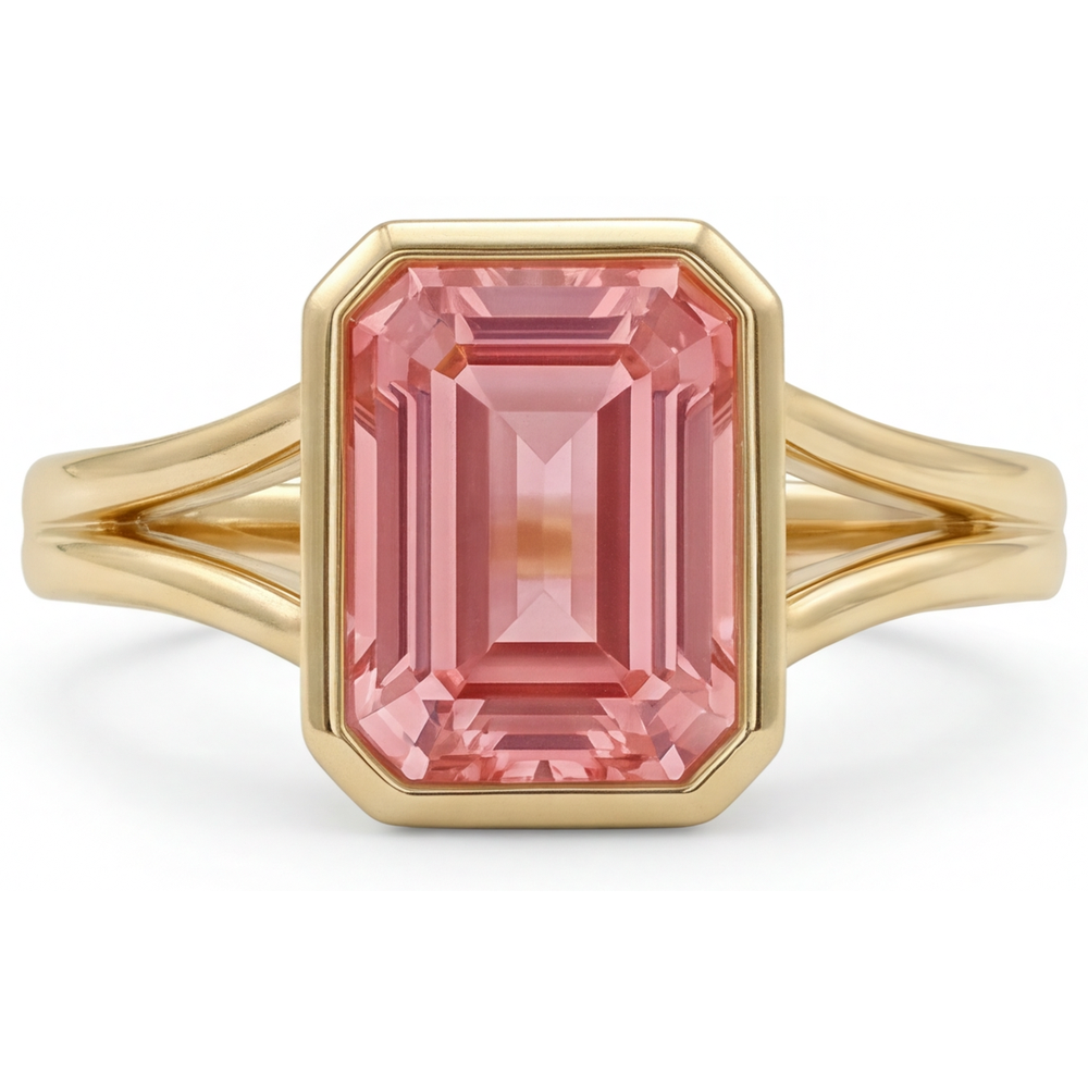 Emerald Padparadscha Bezel Solitaire Ring Natural 14K Yellow Gold