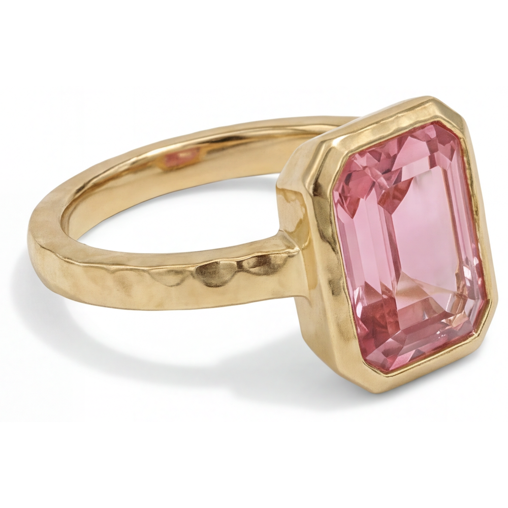 Emerald Padparadscha Bezel Solitaire Ring Natural 14K Yellow Gold