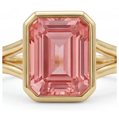 Emerald Padparadscha Bezel Solitaire Ring Natural 14K Yellow Gold