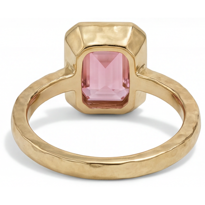 Emerald Padparadscha Bezel Solitaire Ring Natural 14K Yellow Gold